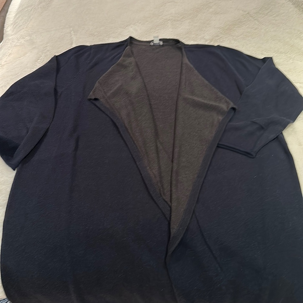 J.Jill long open cardigan, lightweight, inside charcoal grey folds in front